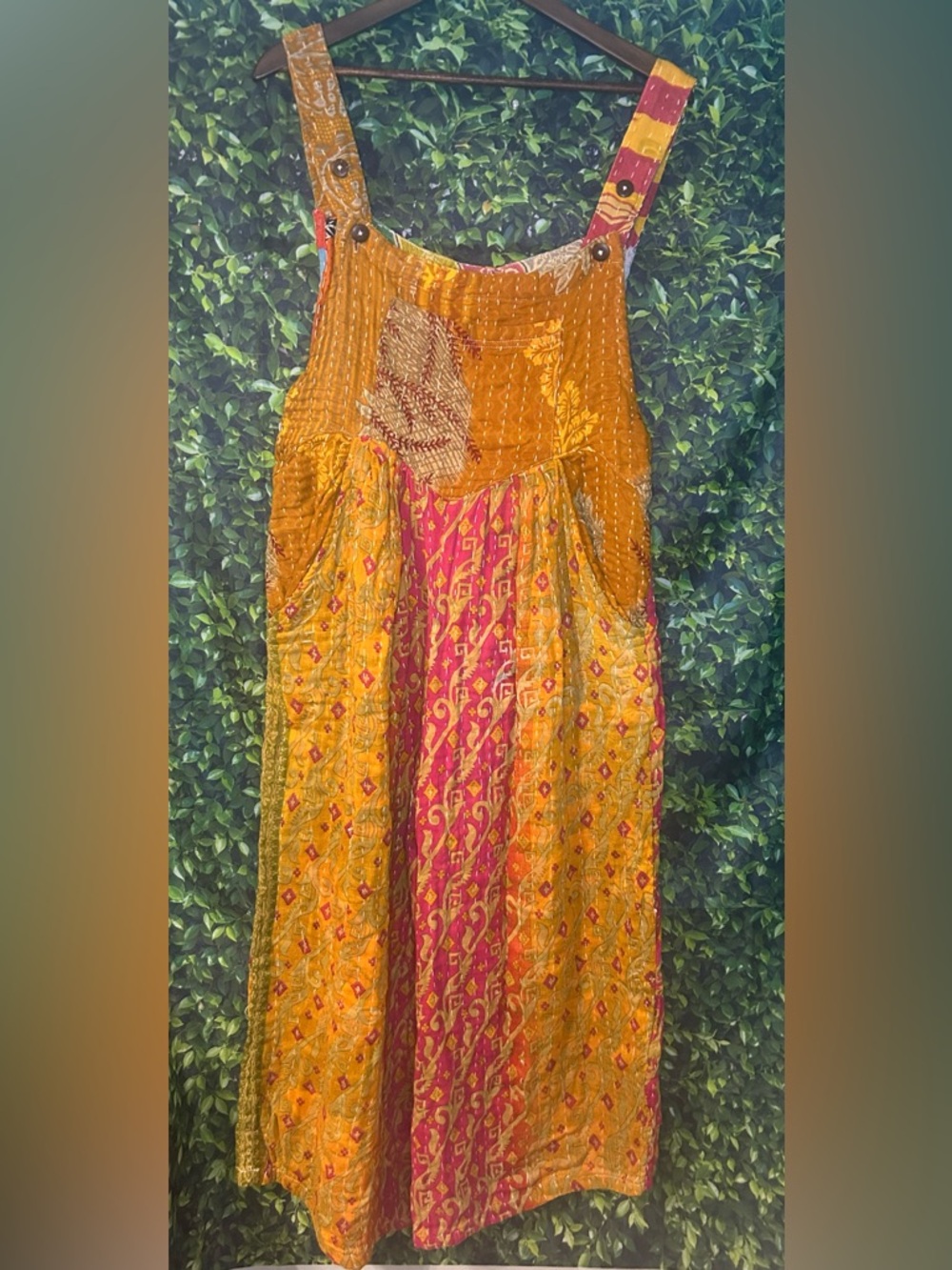 Kantha Boho Patchwork Strappy Jumpsuit Romper in Mustard & Magenta